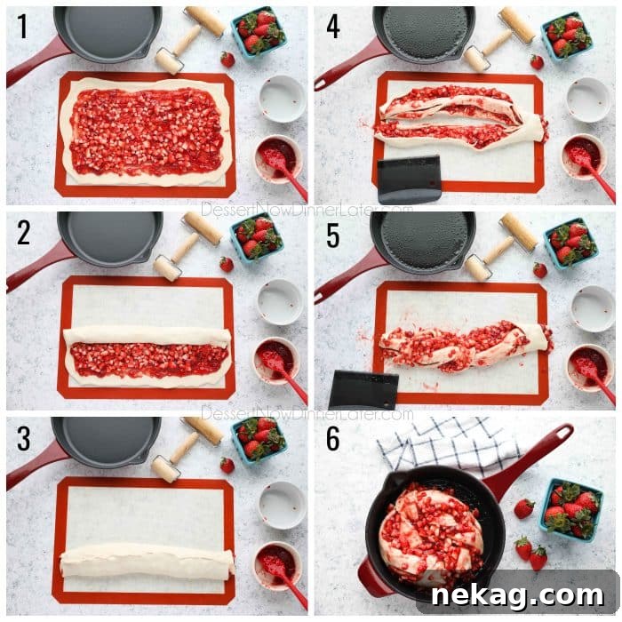 Strawberry Swirl Bread - Roll dough into a rectangle, layer with jam and fresh fruit, roll it up, cut it in half lengthwise, twist the two halves, bring the ends together to create a circle, place in a cast iron skillet to rise and bake.