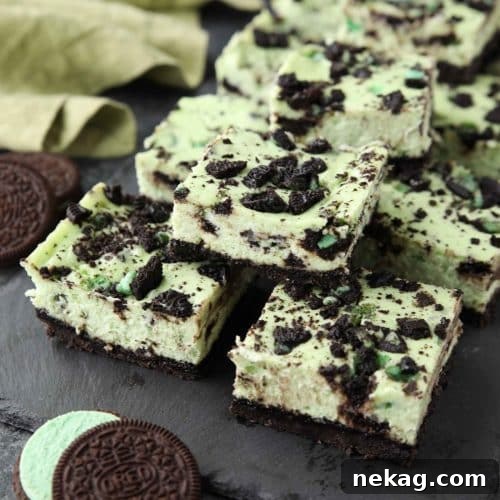 A delicious slice of Mint Oreo Cheesecake Bar.
