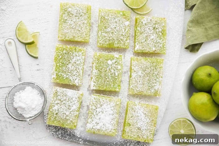 Lime Bars Recipe Video 4 Individual Lime Bar pieces, dusted with powdered sugar and ready for serving.