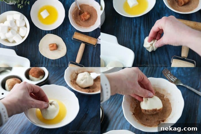 Empty Tomb Rolls - Roll each dough ball into a flat circle. Dip a marshmallow in butter and then coat with cinnamon sugar. Place it in the middle of the dough circle and seal it up around the marshmallow. Then roll the dough in more butter and cinnamon sugar.