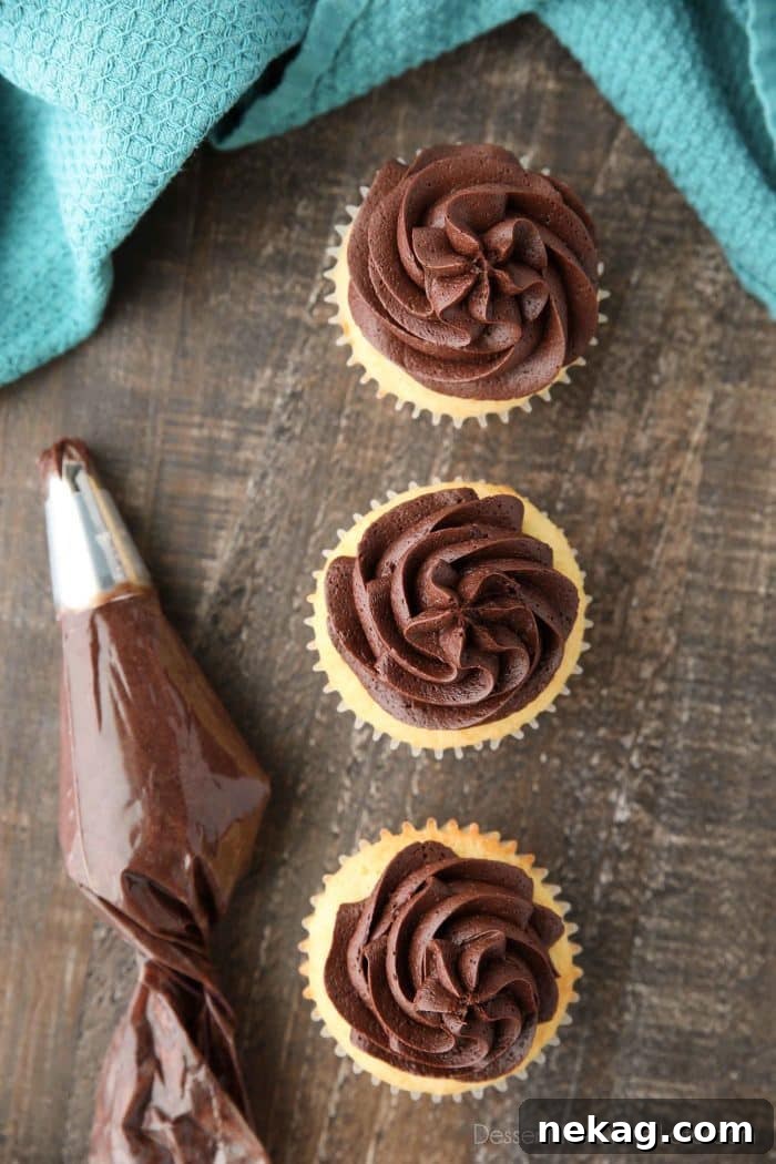 Chocolate Buttercream Frosting gracefully piped onto cupcakes using a Wilton 2D tip, demonstrating its excellent piping consistency.