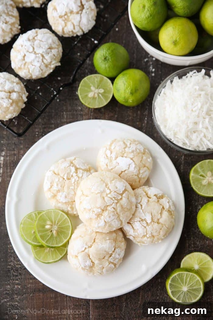 Tropical Coconut Key Lime Crinkle Cookies 2 Coconut Key Lime Crinkle Cookies are puffy, soft, and chewy with a hint of tangy lime and sweet coconut. An easy spring or summer dessert with a tropical flair.