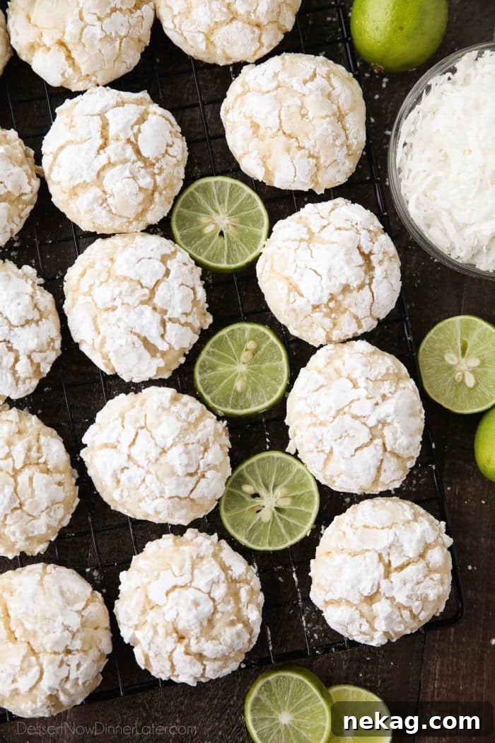 Tropical Coconut Key Lime Crinkle Cookies 3 Powdered sugar coated crinkle cookies with key lime juice and zest and sweetened coconut flakes.