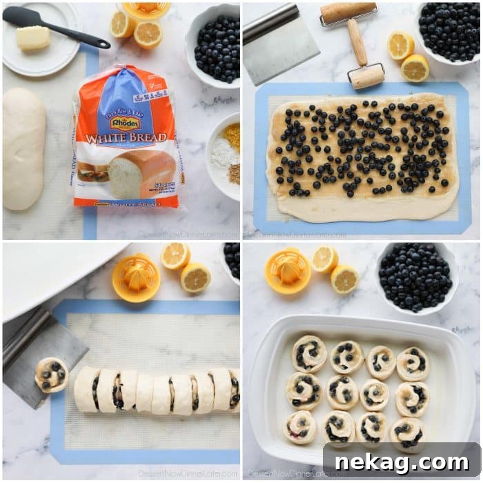 Zesty Lemon Blueberry Buns 4 Rhodes bread dough is expertly rolled flat, generously coated in a delicious flavored lemon sugar, topped with vibrant fresh blueberries, carefully rolled up, sliced into even pieces, and placed in a pan to rise before baking.