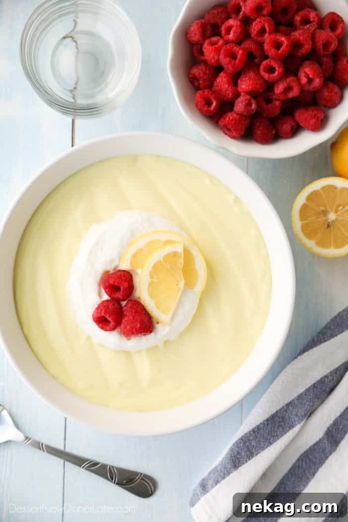 A big bowl of lemon jello salad is topped with whipped cream, raspberries, and lemon slices.