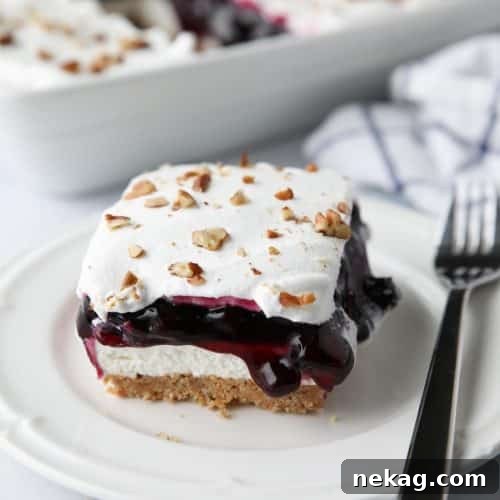 Blueberry Delight (aka Blueberry Lush) is an easy layered dessert with a graham cracker and pecan crust, no bake cheesecake, blueberry pie filling, and cool whip topping. A light, fruity, and delicious summer dessert with minimal baking.