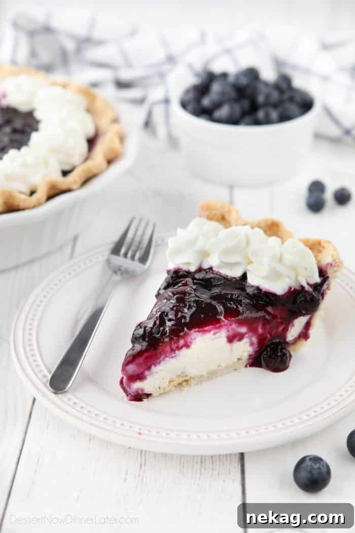 How to Make Perfect Blueberry Cream Cheese Pie 2 A perfectly sliced piece of blueberry cream cheese pie, elegantly presented on a plate with a dollop of whipped cream on top, ready to be enjoyed.