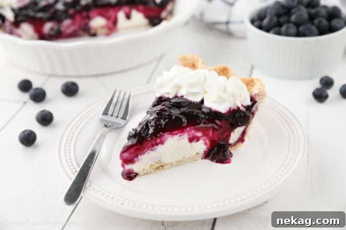 How to Make Perfect Blueberry Cream Cheese Pie 7 A close-up of a slice of Blueberry Cream Cheese Pie on a white plate, topped with a delicate swirl of whipped cream, emphasizing its freshness.