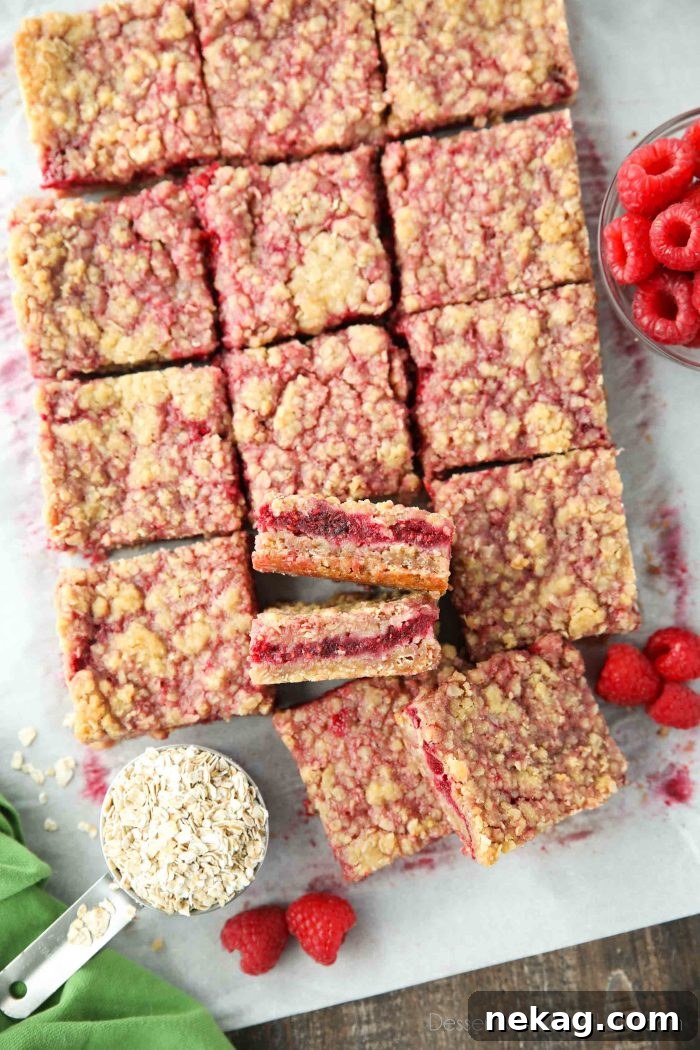 Jammy Raspberry Crumble Bars 3 Freshly baked Raspberry Crumble Bars cooling on parchment paper, surrounded by scattered fresh raspberries and quick oats.