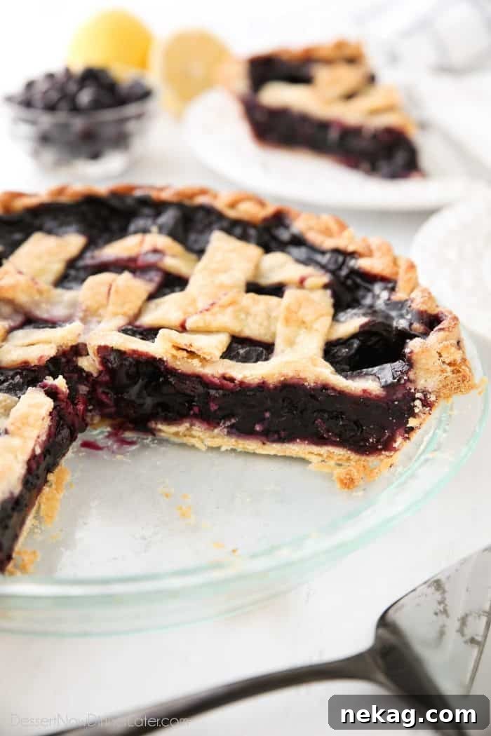 Sweet Blueberry Perfection 3 Rich blueberry pie filling inside a golden homemade pie crust with an intricate lattice top.