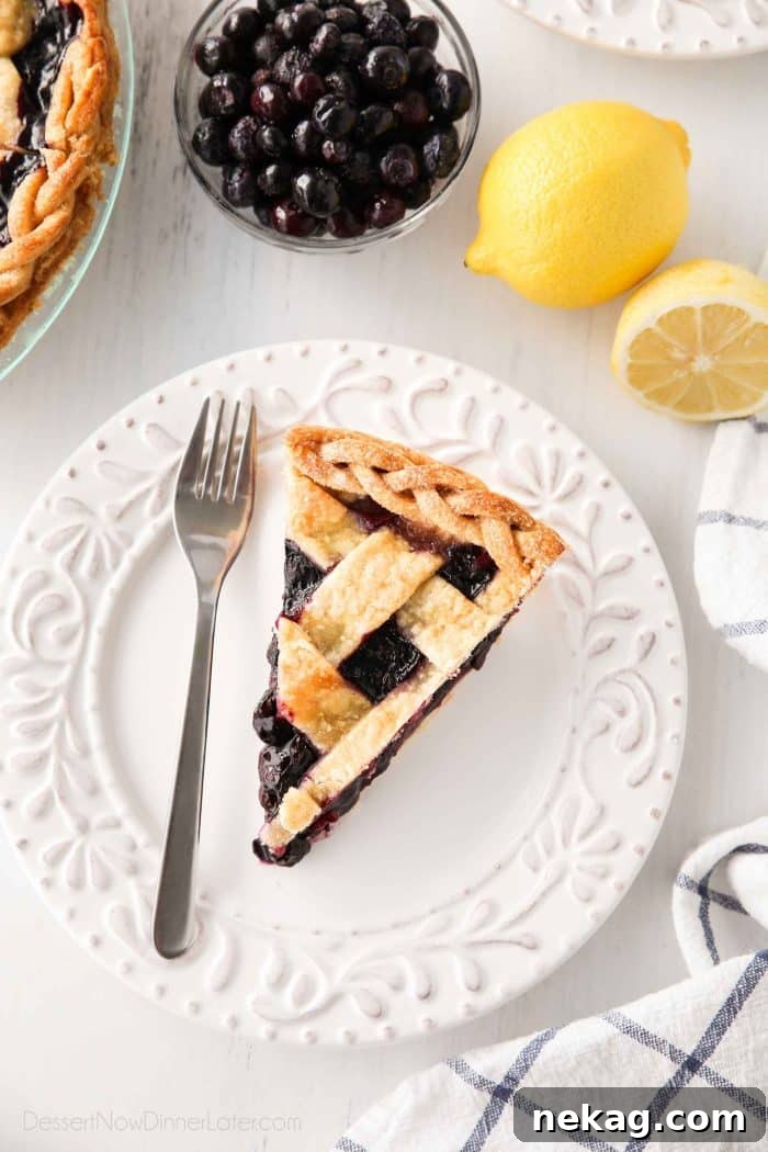 Sweet Blueberry Perfection 4 A delectable slice of homemade blueberry pie, enhanced with a subtle hint of lemon, made using convenient frozen blueberries.