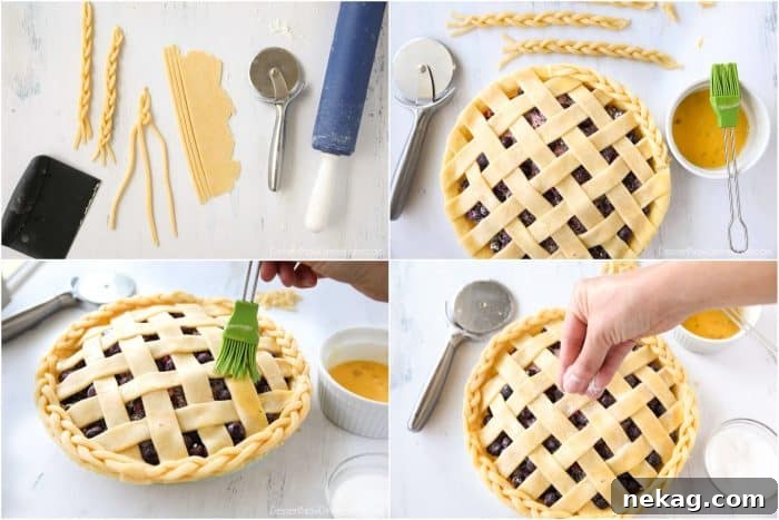 Sweet Blueberry Perfection 10 Instead of a simple crimped edge, extra pie crust is artfully braided and then meticulously adhered to the edge of the pie crust using a whisked egg wash. The entire crust is then brushed with more egg wash and generously sprinkled with granulated sugar, preparing it for baking into a golden masterpiece.