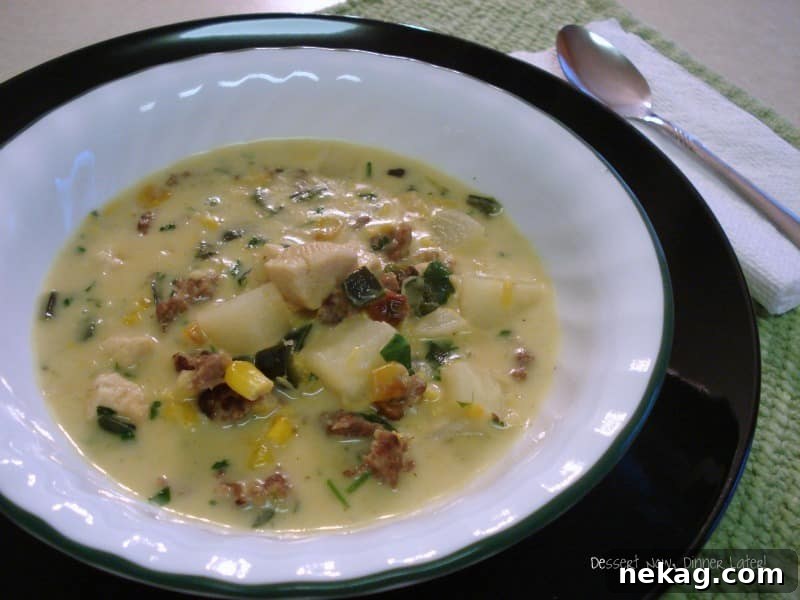 Smoky Roasted Poblano Corn Chowder with Chicken and Sausage 3 Creamy Chicken and Sausage Chowder with Roasted Vegetables