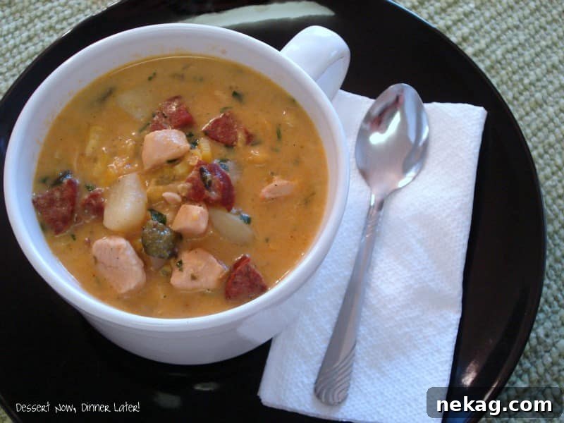 Smoky Roasted Poblano Corn Chowder with Chicken and Sausage 5 Spicy Chicken and Chorizo Chowder with Poblano and Corn