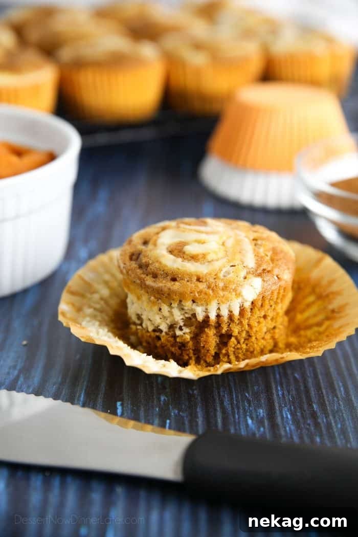Moist pumpkin spiced muffins crowned with a creamy cheesecake swirl
