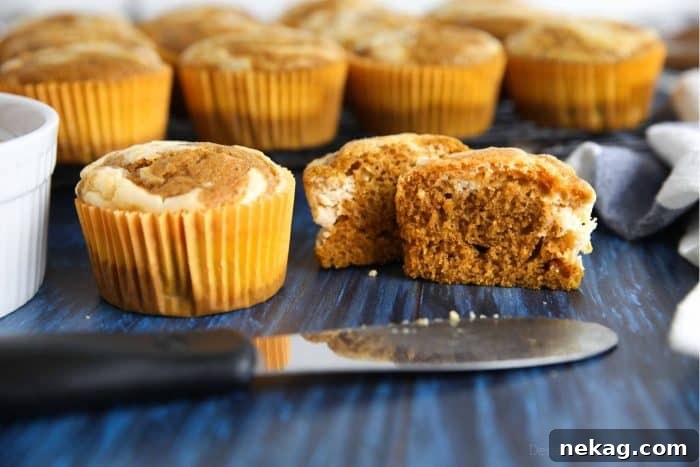 Fluffy and moist pumpkin spice muffins adorned with exquisite cream cheese swirls
