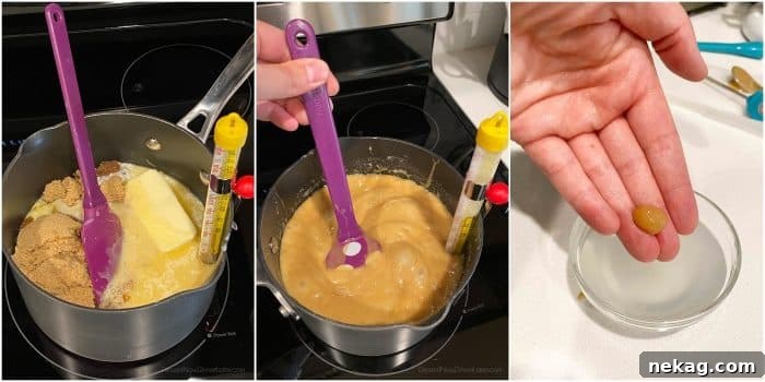 Handcrafted Caramel Apple Delights 6 Homemade Caramel for dipping apples must reach soft ball stage. Check by spooning some into cold water and forming a ball.