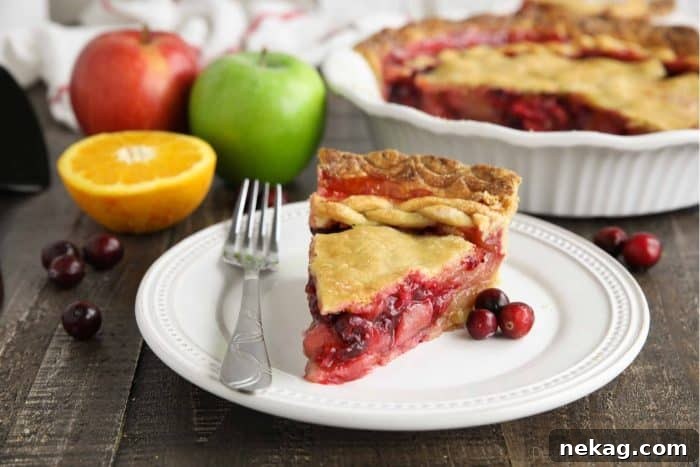 A perfectly baked slice of Cranberry Apple Pie, showcasing the rich filling and flaky crust, served on a plate with a fork.