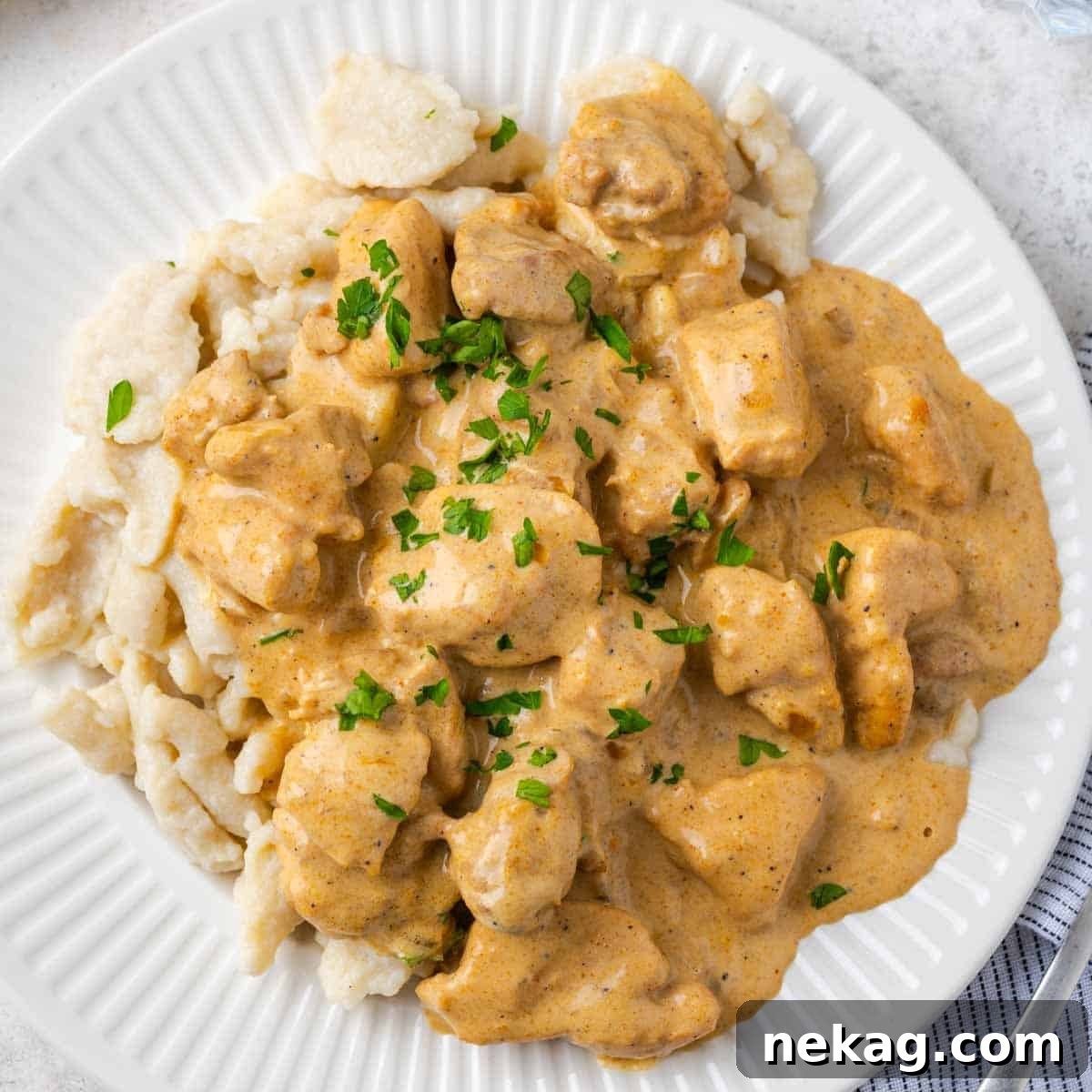 Classic Hungarian Chicken Paprikash 13 chicken paprikash on white plate with spaetzle.