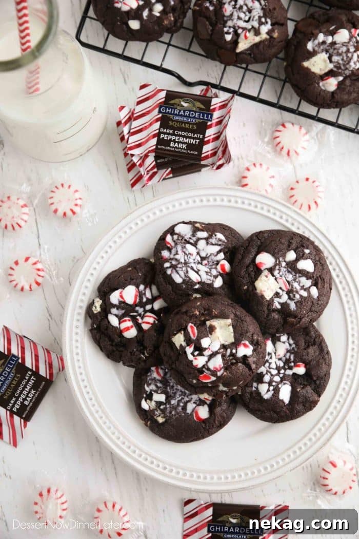 A festive plate of chocolate peppermint cookies, perfectly arranged with scattered round peppermint candies and square peppermint bark chocolates for a charming holiday display.