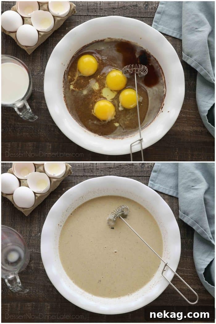 Ultimate Cinnamon French Toast Tutorial 7 A shallow dish containing the French toast batter with cinnamon paste, now combined with eggs, vanilla extract, salt, and the remaining milk, being whisked until smooth.