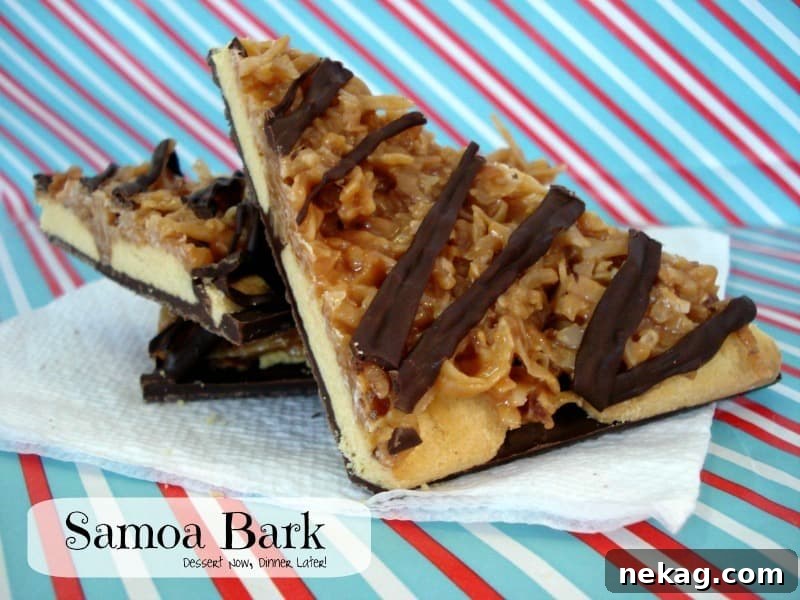 Samoan Bark: A Comprehensive Guide to Traditional Uses and Modern Applications 2 Samoa Bark, a delightful no-bake treat featuring shortbread cookies, rich caramel, toasted coconut, and a generous layer of chocolate on top and bottom.