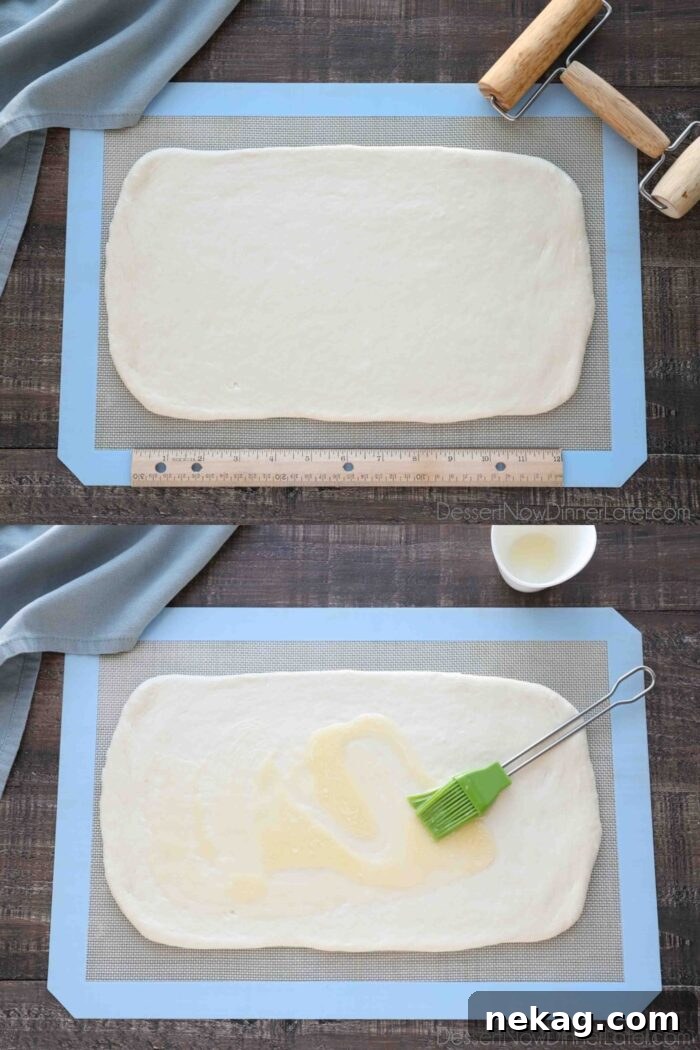 Effortless Cinnamon Swirl Delight 5 A two-image collage showing the process of making cinnamon swirl bread. The top image shows a Rhodes bread loaf rolled into an 8x14 inch rectangle. The bottom image shows melted butter being brushed over the dough.