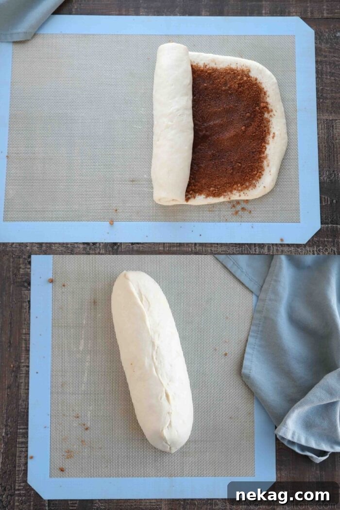 Effortless Cinnamon Swirl Delight 7 A two-image collage illustrating the rolling process for cinnamon swirl bread. The top image shows the dough being rolled into a log shape. The bottom image shows the seams of the rolled dough being pinched shut to seal the filling.