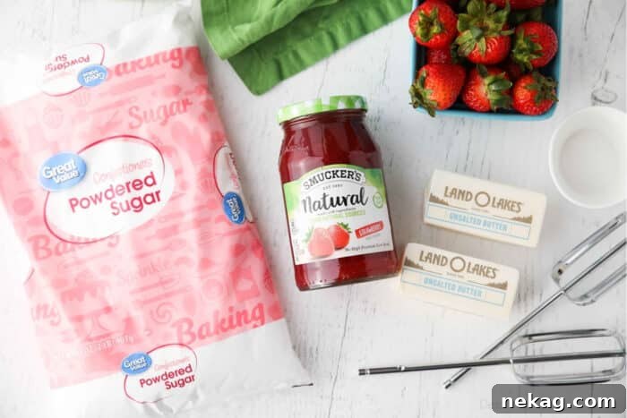 Ingredients for strawberry buttercream frosting: powdered sugar, strawberry jam (preserves), butter, salt.