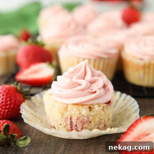 Strawberry cupcake in wrapper with strawberry buttercream on top.