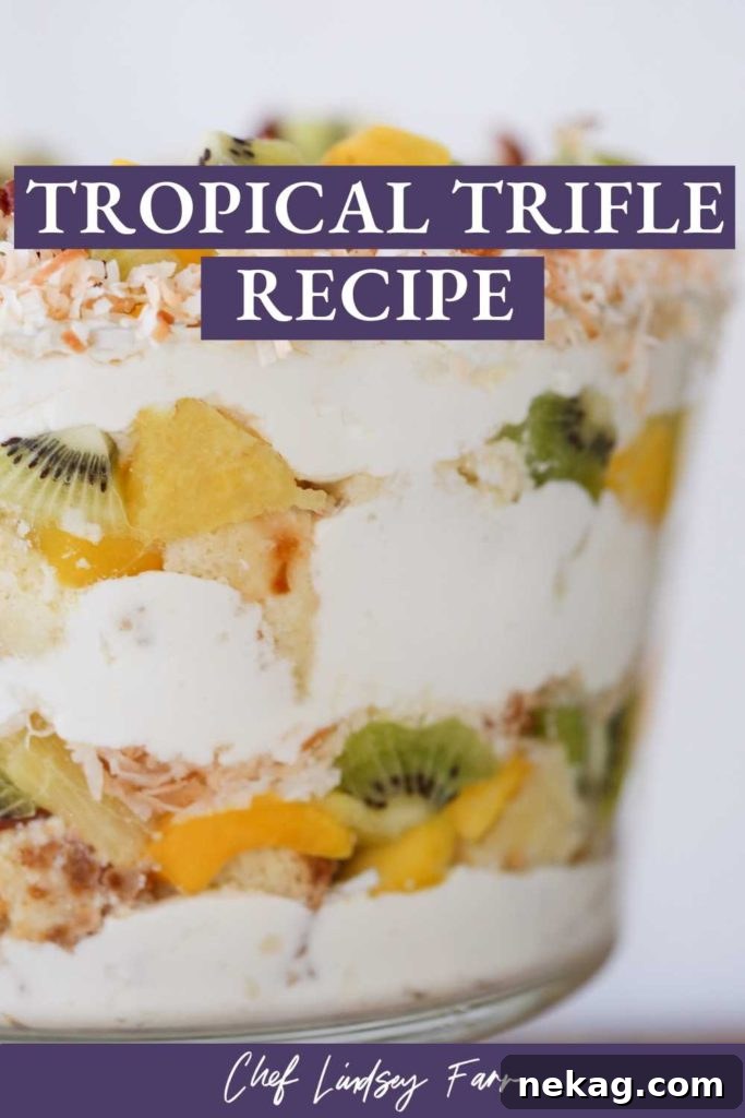 Tropical Trifle Recipe shown from a side view, highlighting the distinct layers.