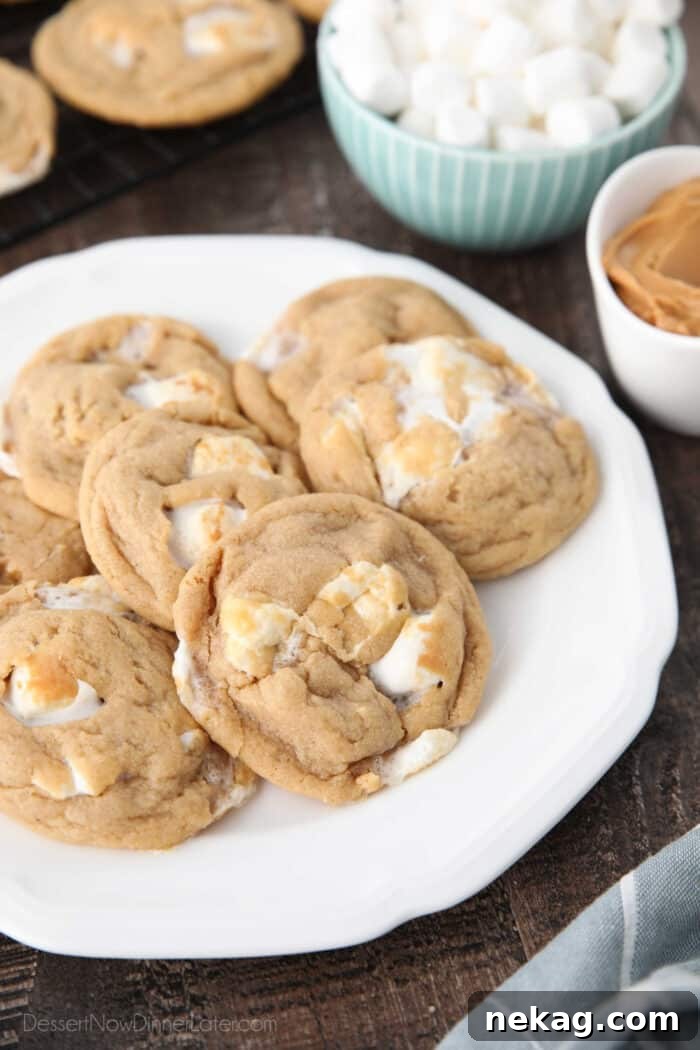 Delicious Fluffernutter Cookies 2 Fluffernutter cookies on a plate with bowls of mini marshmallows and peanut butter in the background, hinting at the key ingredients of this delightful dessert.