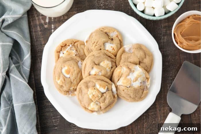 Delicious Fluffernutter Cookies 6 Fluffernutter cookies beautifully arranged on a white plate, with a refreshing glass of milk beside them, inviting you to enjoy this sweet treat.