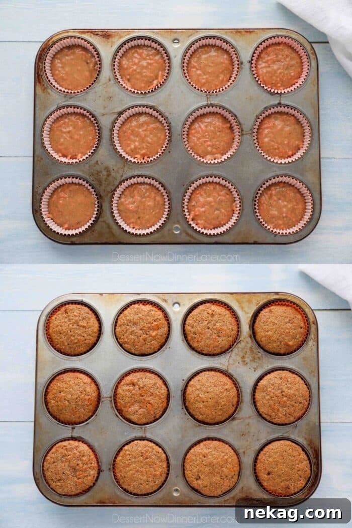 Perfect Carrot Cake Cupcakes 8 Carrot cake cupcakes before and after baking in a cupcake pan.