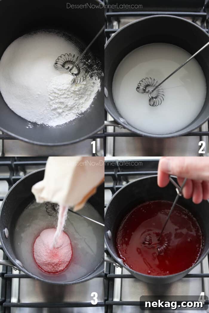 Strawberry Delight Video Recipe 8 A four-panel collage illustrating the step-by-step process of preparing the strawberry jello layer: (1) whisking granulated sugar and cornstarch in a saucepan, (2) adding water and heating to a simmer while whisking, (3) incorporating strawberry jello powder, and (4) removing from heat and whisking until combined, then setting aside to cool.