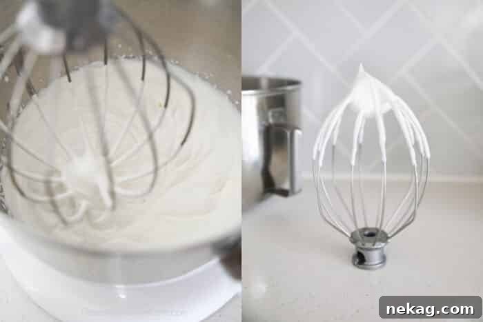 Whipped Cream Cheese Frosting Recipe and Video Tutorial 11 A collage image showing heavy cream being whipped to stiff peaks in a bowl, and then on the whisk attachment.