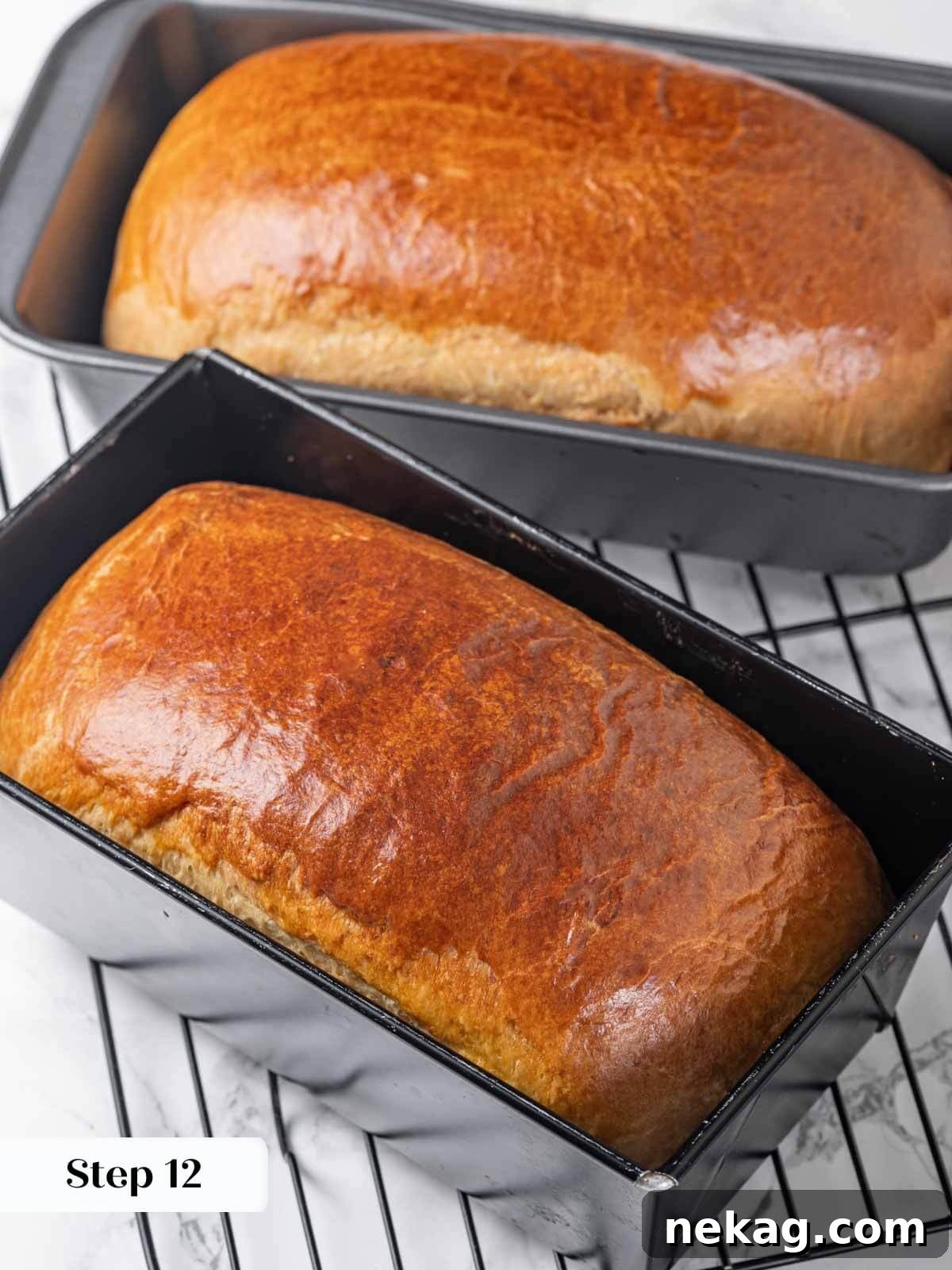 A perfectly baked, golden-brown brioche bread loaf cooling on a wire rack.