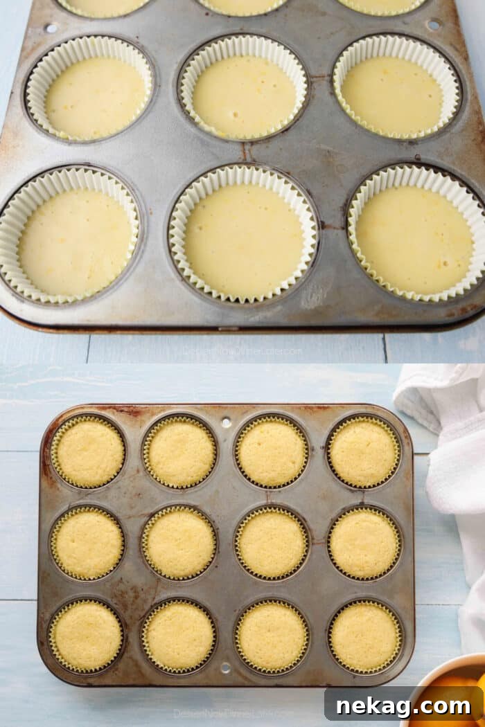 Zesty Lemon Cupcake Delight 9 Cupcake tin with paper liners and lemon cupcake batter before and after baking.