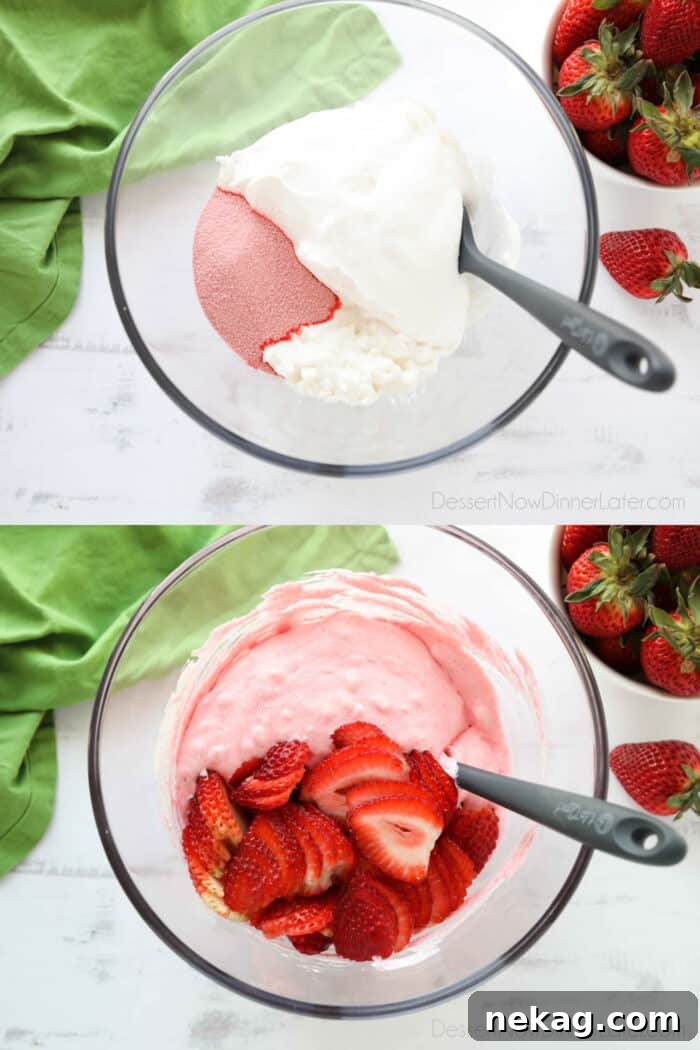 Collage image for how to make strawberry fluff. Top image: Jello, whipped topping, and cottage cheese in bowl. Bottom image: Ingredients mixed with sliced strawberries added.