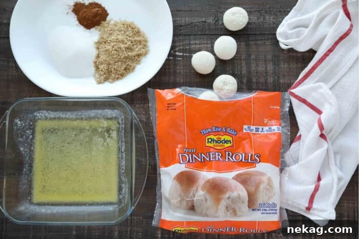 Ingredients for Cinnamon Twists: Rhodes Rolls, melted butter, sugar, brown sugar, and cinnamon.