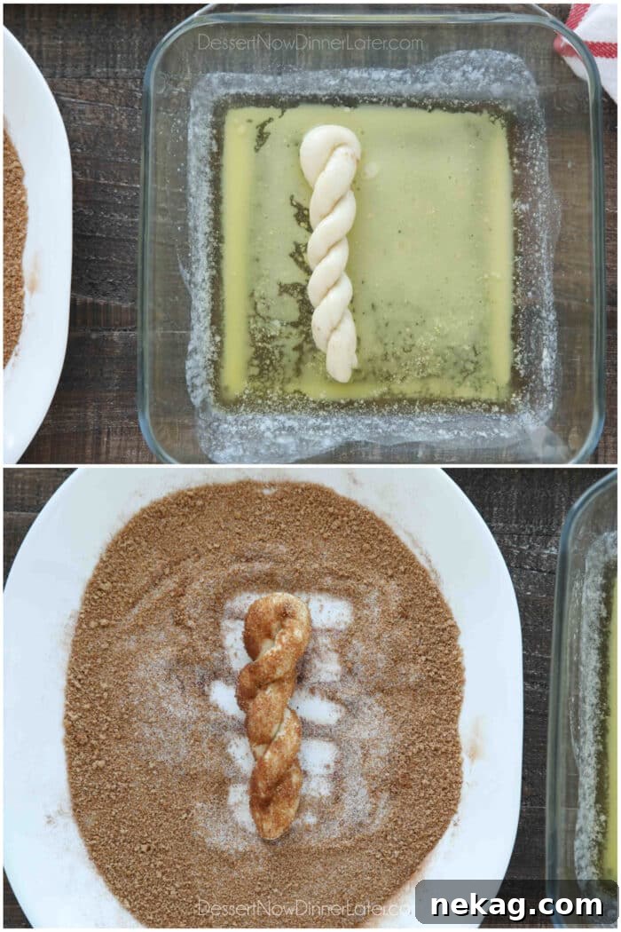 How to make Cinnamon Twists: Each twist is dipped in a bowl of melted butter. Then coated in a plate of cinnamon sugar.