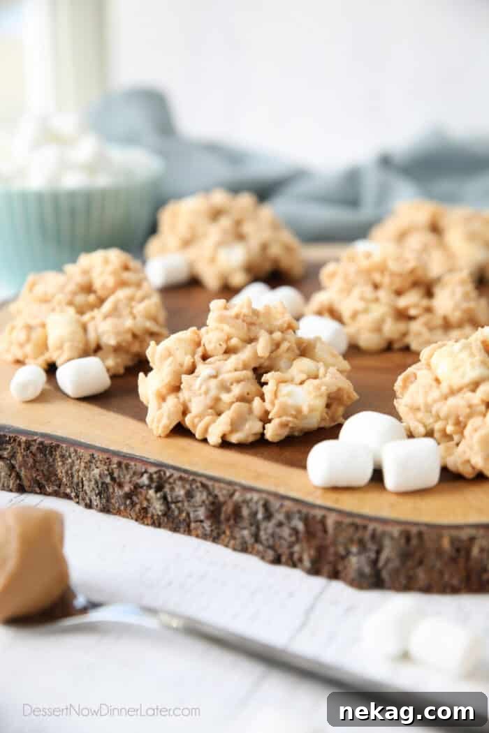 Indulgent Overload Cookies 2 Close up of no-bake Avalanche Cookies made with white chocolate, peanut butter, and marshmallows, showcasing their delightful texture.