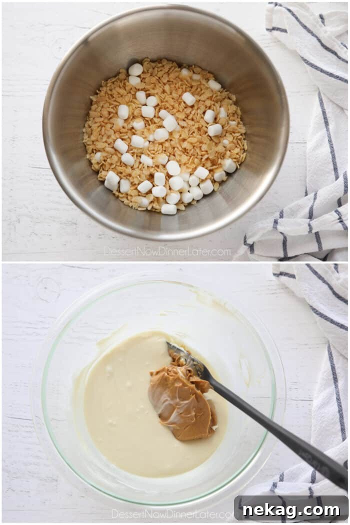 Indulgent Overload Cookies 5 Collage showing the making of avalanche cookies. Top image: A bowl filled with crispy rice cereal and mini marshmallows, ready for the next step. Bottom image: Melted white chocolate chips being stirred with creamy peanut butter, creating the flavorful binding mixture.