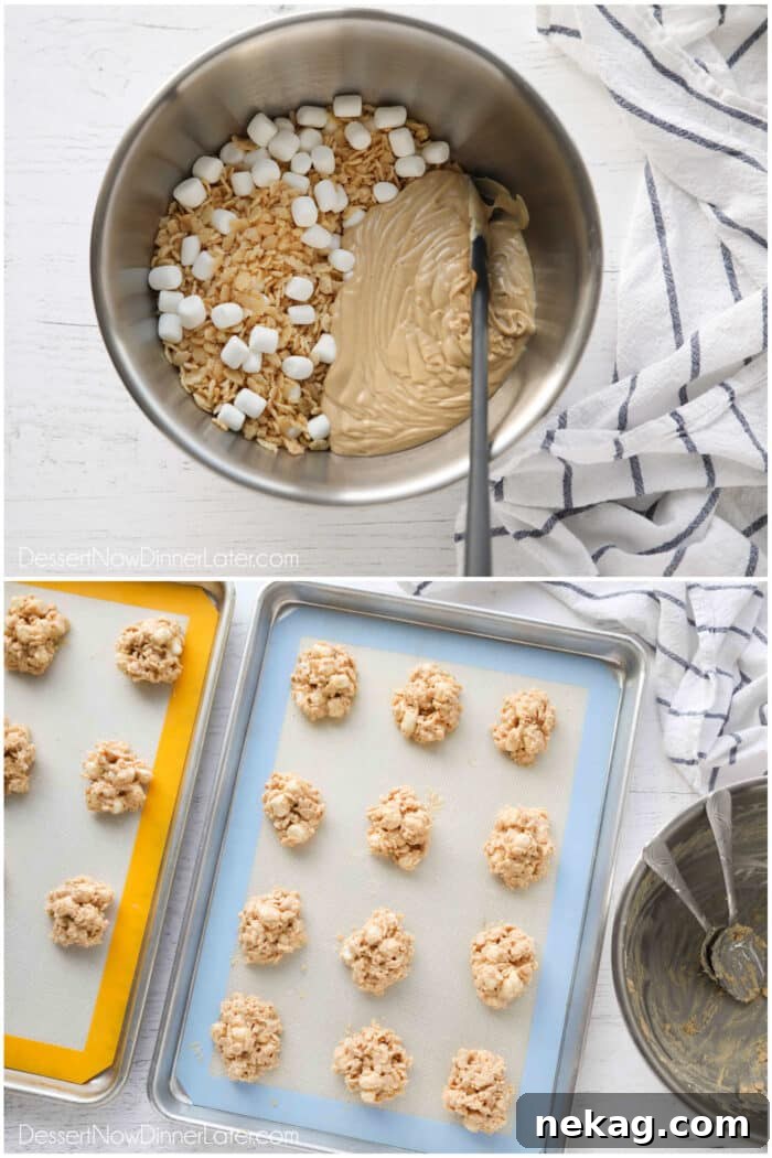 Indulgent Overload Cookies 6 Collage demonstrating the avalanche cookie preparation. Top image: The process of combining cereal, marshmallows, and the peanut butter white chocolate mixture in a large bowl. Bottom image: Perfectly formed mounds of the cereal treats dropped onto a parchment-lined cookie tray, ready for setting.