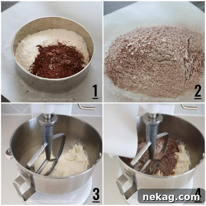 Effortless Chocolate Bliss 8 A four-image collage showing the preparation of the chocolate cheesecake filling. 1. Powdered sugar and cocoa powder in a fine mesh sieve. 2. Sifted ingredients on parchment paper. 3. Stand mixer with cream cheese. 4. Cocoa mixture being poured from parchment paper funnel into the cream cheese in the stand mixer.