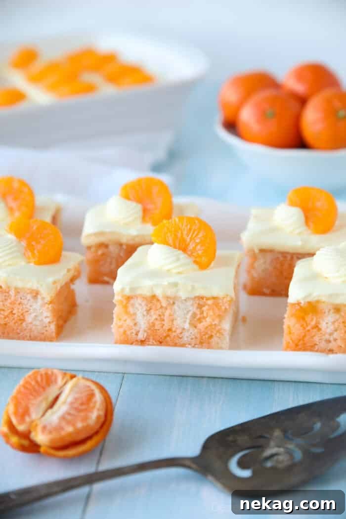 Orange Creamsicle Dream Cake 2 Slices of Orange Creamsicle Cake on a plate with mandarin orange slices on top, showcasing its vibrant orange hue and creamy white topping.
