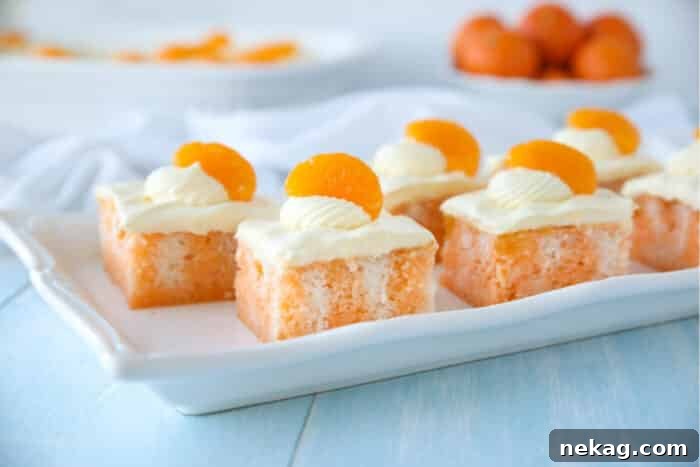 Orange Creamsicle Dream Cake 4 A whole Orange Creamsicle Cake on a serving platter, featuring a marbled orange cake base with a smooth layer of vanilla frosting and mandarin orange slices for garnish.
