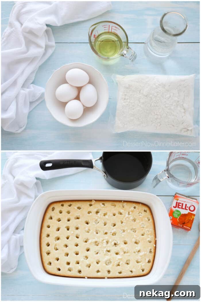 Orange Creamsicle Dream Cake 5 Two-image collage illustrating the cake base preparation. Top shows ingredients: white cake mix, eggs, oil, water. Bottom shows a baked cake with holes poked into it, next to orange jello mix and water.