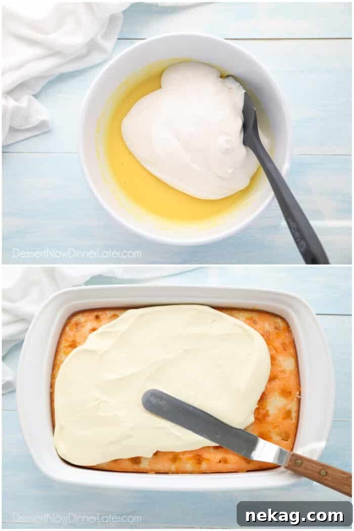 Orange Creamsicle Dream Cake 9 Two-image collage depicting the frosting preparation. Top shows a bowl of instant vanilla pudding and whipped topping. Bottom shows the whipped pudding mixture being smoothly spread over the cake.