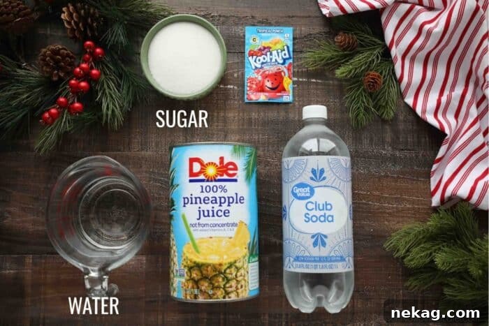 Ingredients for red holiday punch for Christmas: Tropical Punch Kool-Aid mix, granulated sugar, cold water, pineapple juice, and club soda.